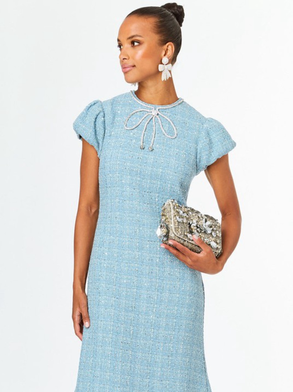 Mestiza New York Light Blue Tweed Puff-Sleeve Shift Dress with Rhinestone Bow
